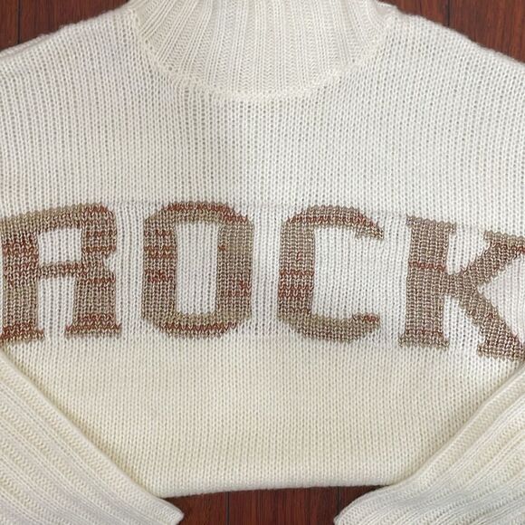 Elan ROCK Winter White Bronze Lettering Oversize Mock Neck Slouchy Sweater - L - Picture 11 of 15